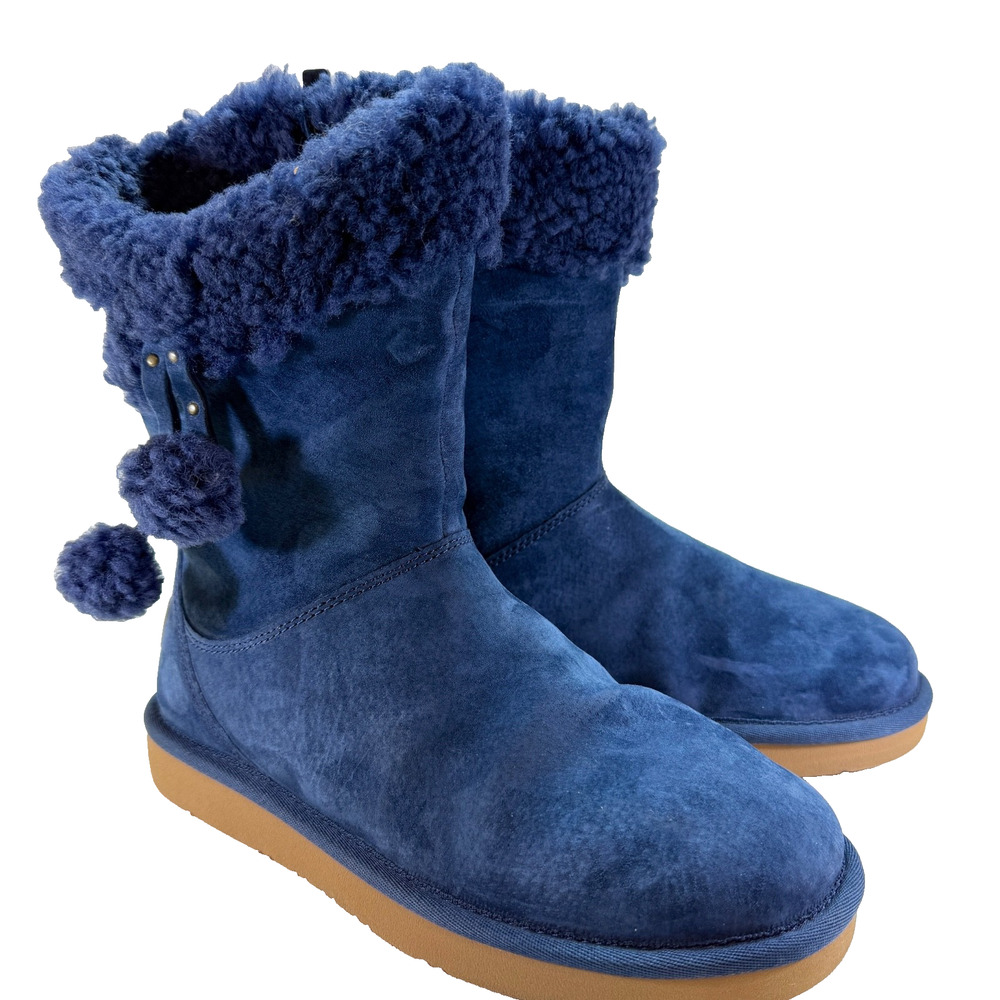 UGG Women’s Plumdale Blue Suede Cuffed Pom Pom Wool Interior Winter Boots Size 7